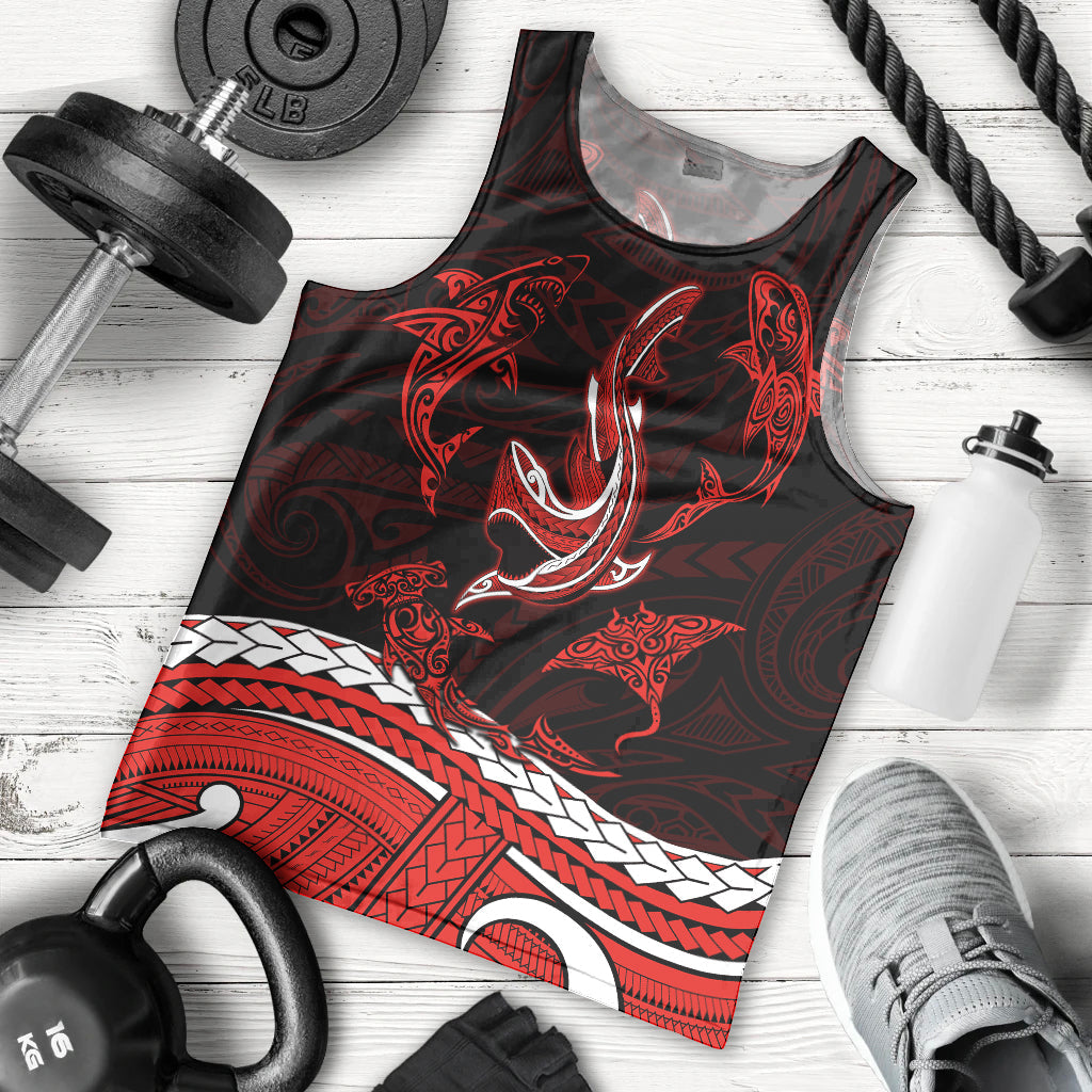 Polynesian Tribal Men Tank Top with Sharks Tattoo Red
