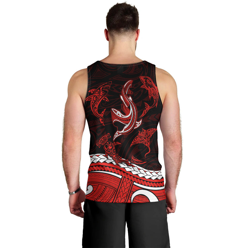 Polynesian Tribal Men Tank Top with Sharks Tattoo Red