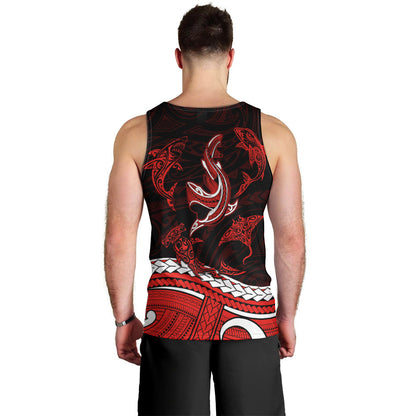 Polynesian Tribal Men Tank Top with Sharks Tattoo Red