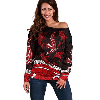 Polynesian Tribal Off Shoulder Sweater with Sharks Tattoo Red
