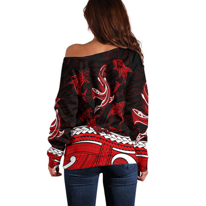 Polynesian Tribal Off Shoulder Sweater with Sharks Tattoo Red