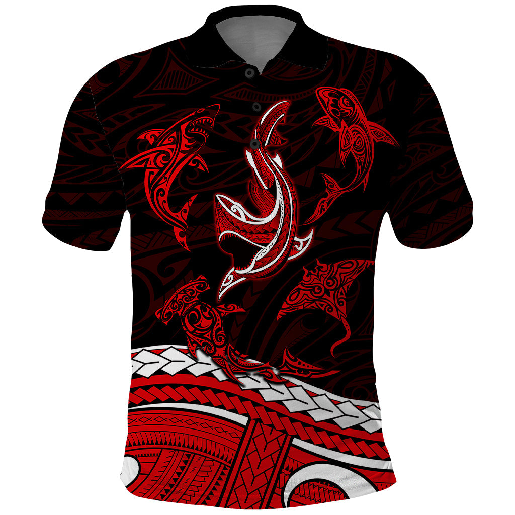 Polynesian Tribal Polo Shirt with Sharks Tattoo Red