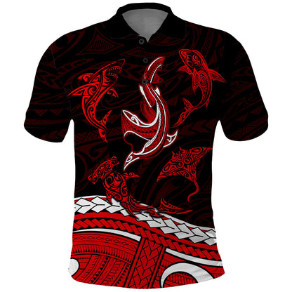 Polynesian Tribal Polo Shirt with Sharks Tattoo Red