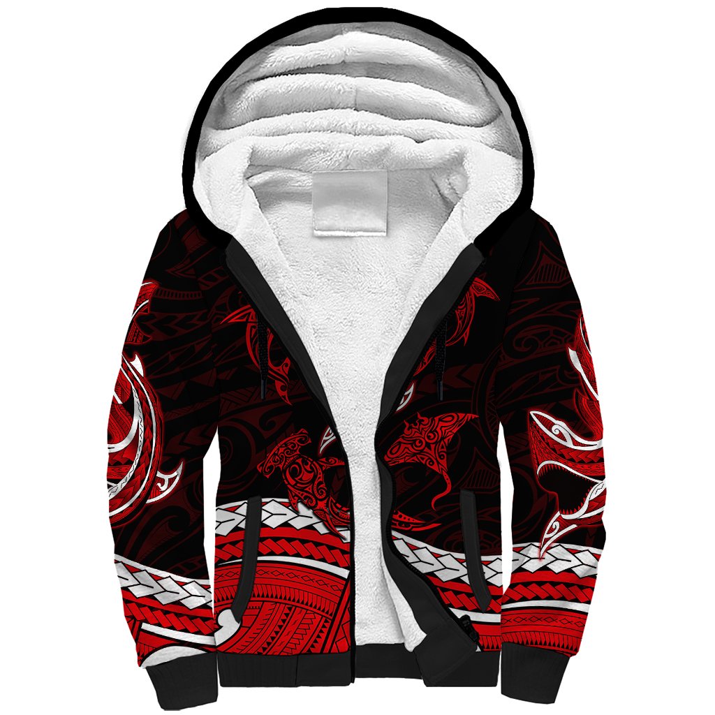 Polynesian Tribal Sherpa Hoodie with Sharks Tattoo Red