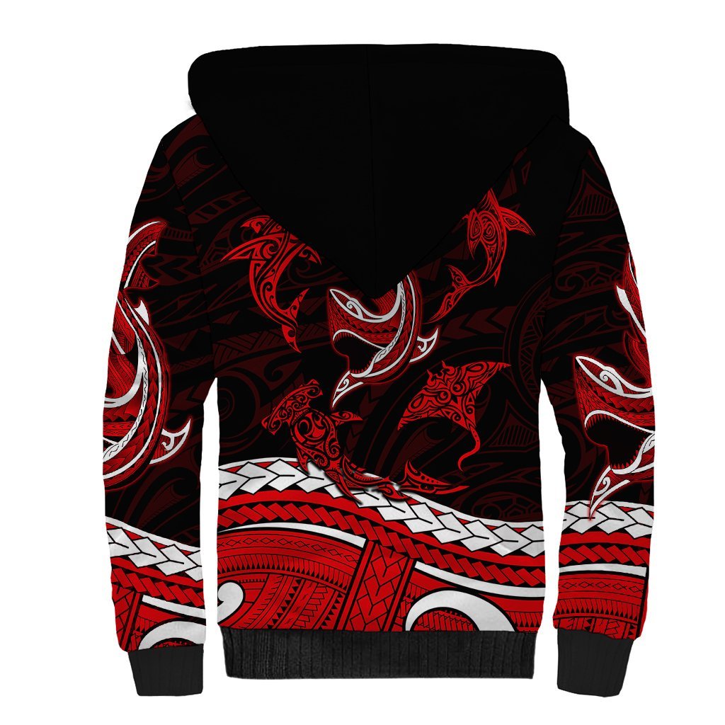Polynesian Tribal Sherpa Hoodie with Sharks Tattoo Red