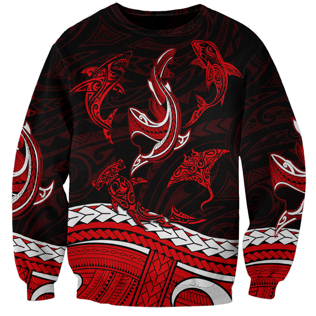 Polynesian Tribal Sweatshirt with Sharks Tattoo Red