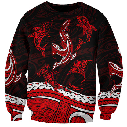 Polynesian Tribal Sweatshirt with Sharks Tattoo Red