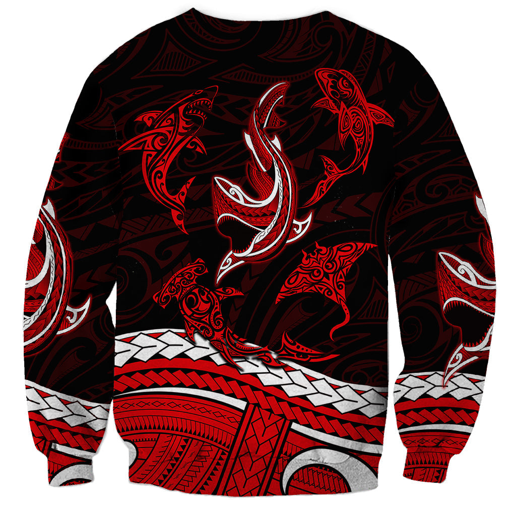 Polynesian Tribal Sweatshirt with Sharks Tattoo Red