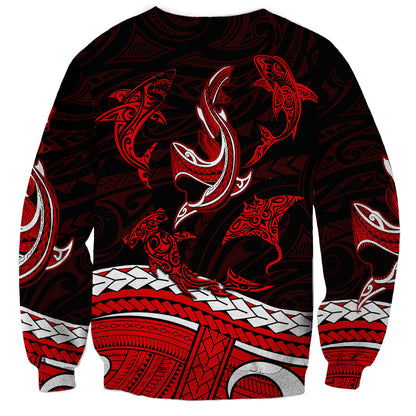 Polynesian Tribal Sweatshirt with Sharks Tattoo Red