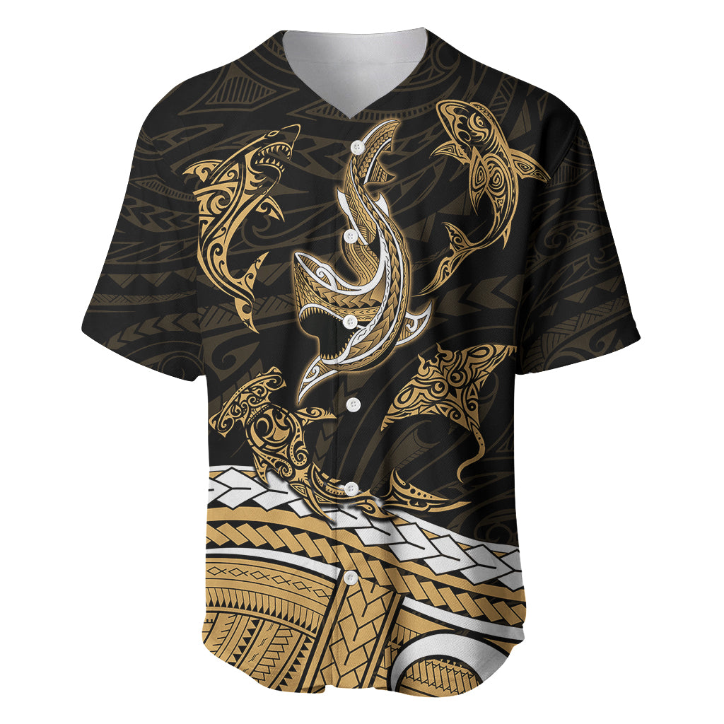 Polynesian Tribal Baseball Jersey with Sharks Tattoo Gold