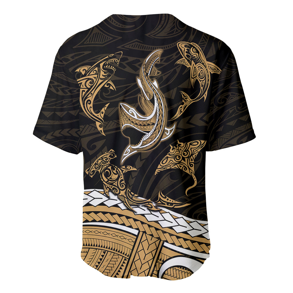 Polynesian Tribal Baseball Jersey with Sharks Tattoo Gold