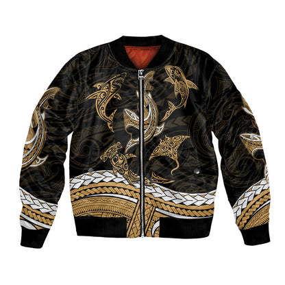 Polynesian Tribal Bomber Jacket with Sharks Tattoo Gold