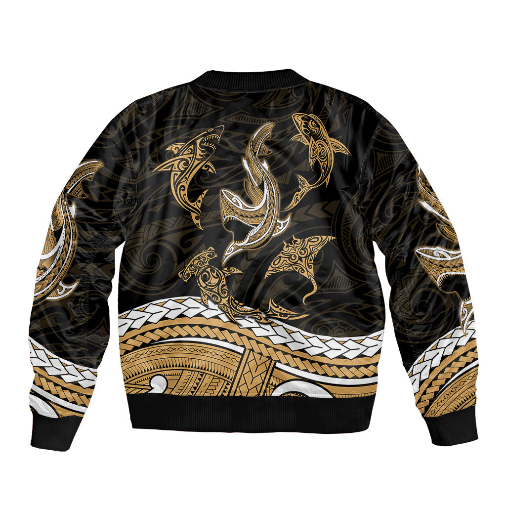 Polynesian Tribal Bomber Jacket with Sharks Tattoo Gold