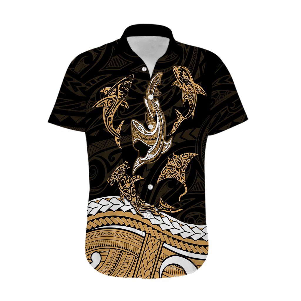 Polynesian Tribal Hawaiian Shirt with Sharks Tattoo Gold
