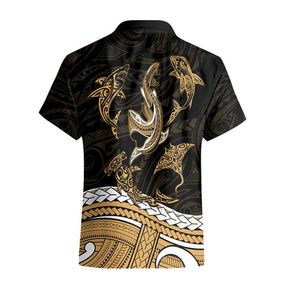 Polynesian Tribal Hawaiian Shirt with Sharks Tattoo Gold