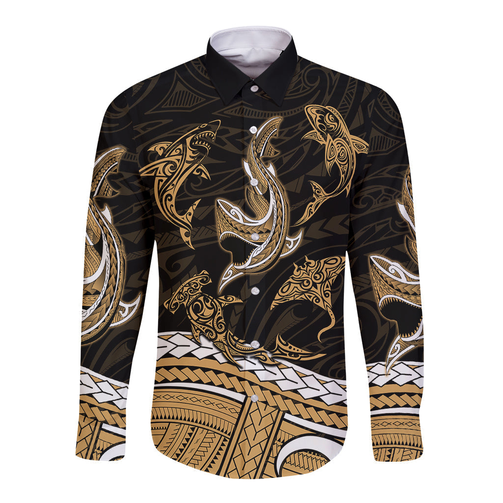 Polynesian Tribal Long Sleeve Button Shirt with Sharks Tattoo Gold