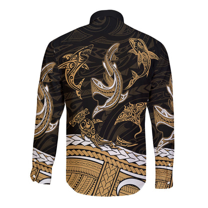 Polynesian Tribal Long Sleeve Button Shirt with Sharks Tattoo Gold