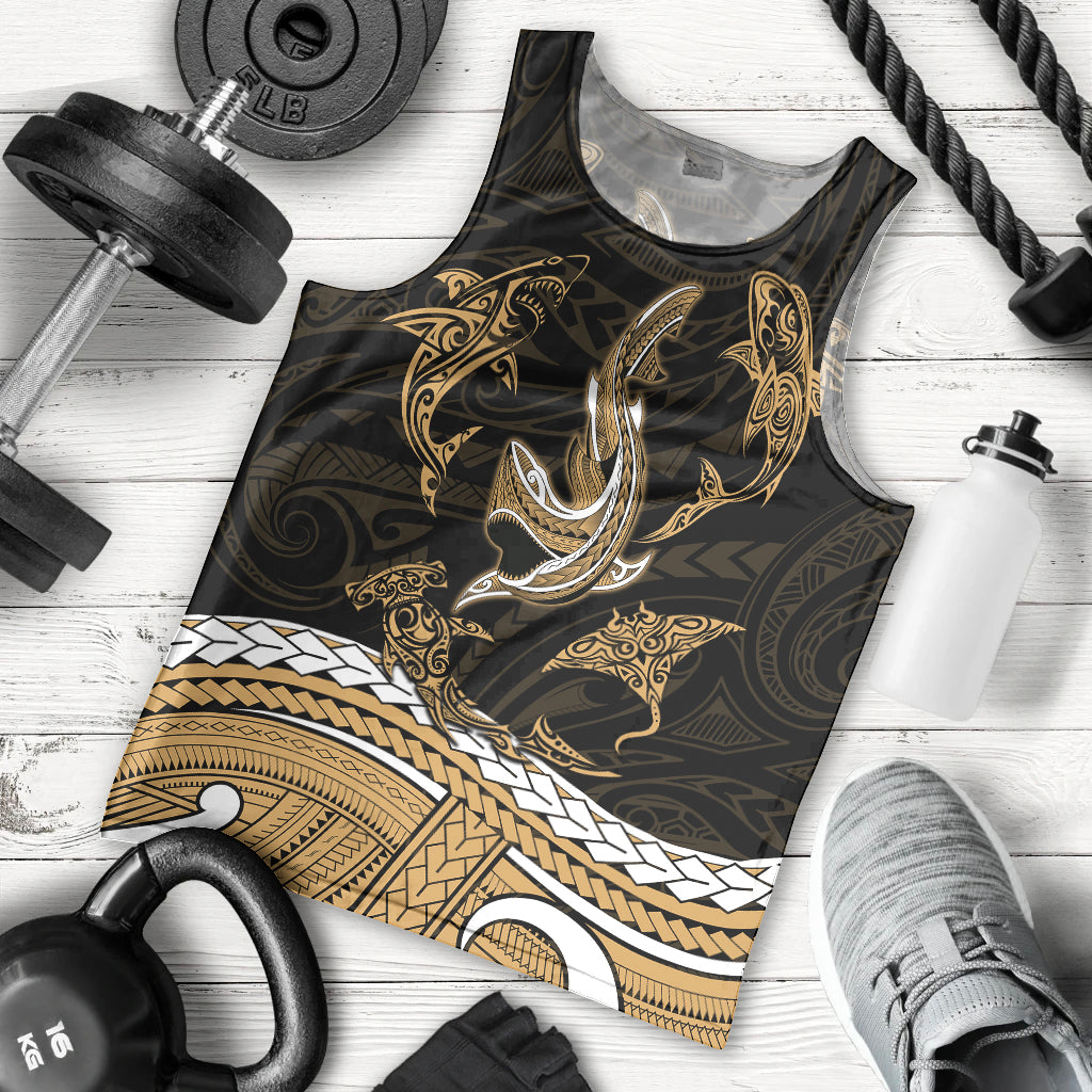 Polynesian Tribal Men Tank Top with Sharks Tattoo Gold