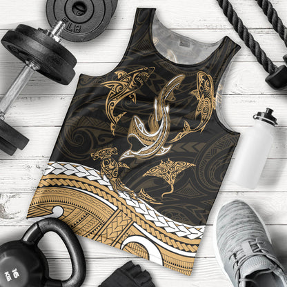 Polynesian Tribal Men Tank Top with Sharks Tattoo Gold