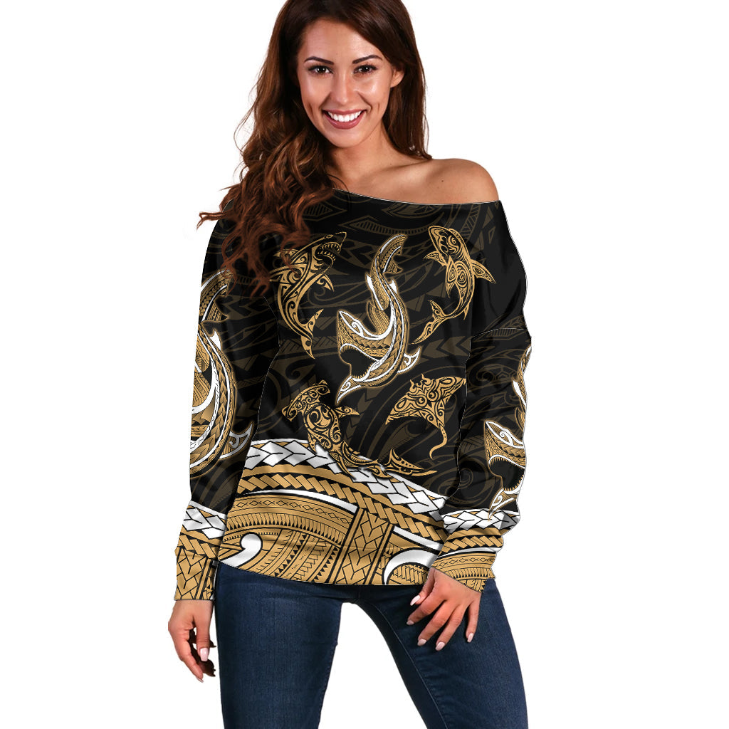 Polynesian Tribal Off Shoulder Sweater with Sharks Tattoo Gold