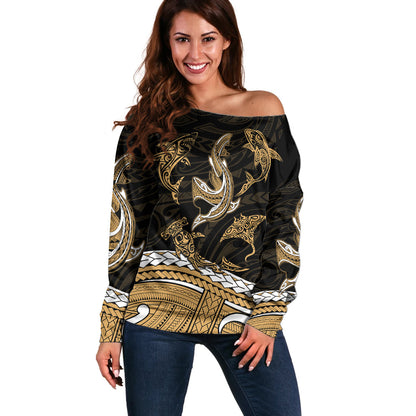 Polynesian Tribal Off Shoulder Sweater with Sharks Tattoo Gold
