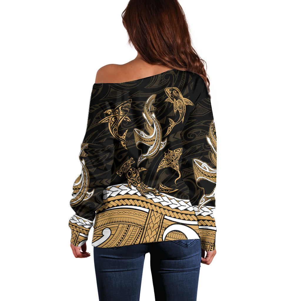 Polynesian Tribal Off Shoulder Sweater with Sharks Tattoo Gold