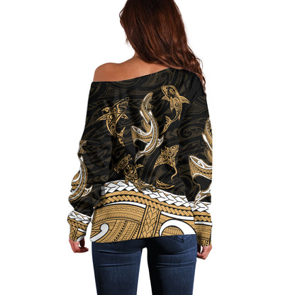 Polynesian Tribal Off Shoulder Sweater with Sharks Tattoo Gold