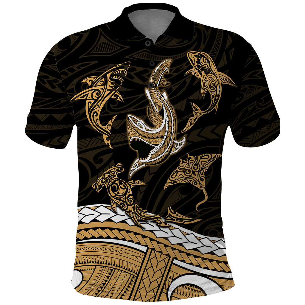 Polynesian Tribal Polo Shirt with Sharks Tattoo Gold