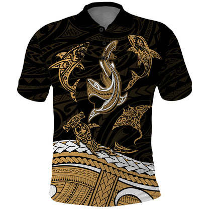 Polynesian Tribal Polo Shirt with Sharks Tattoo Gold