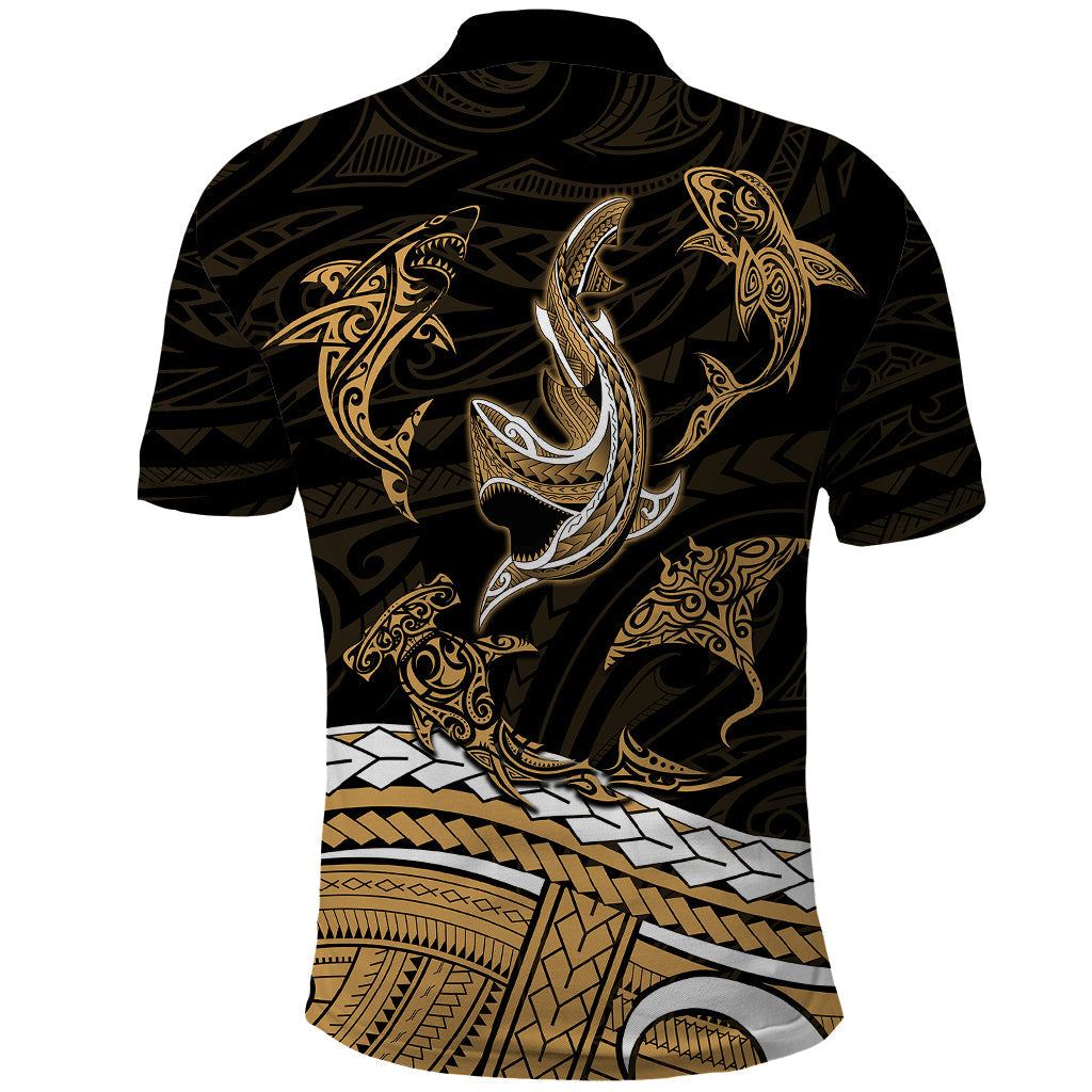 Polynesian Tribal Polo Shirt with Sharks Tattoo Gold