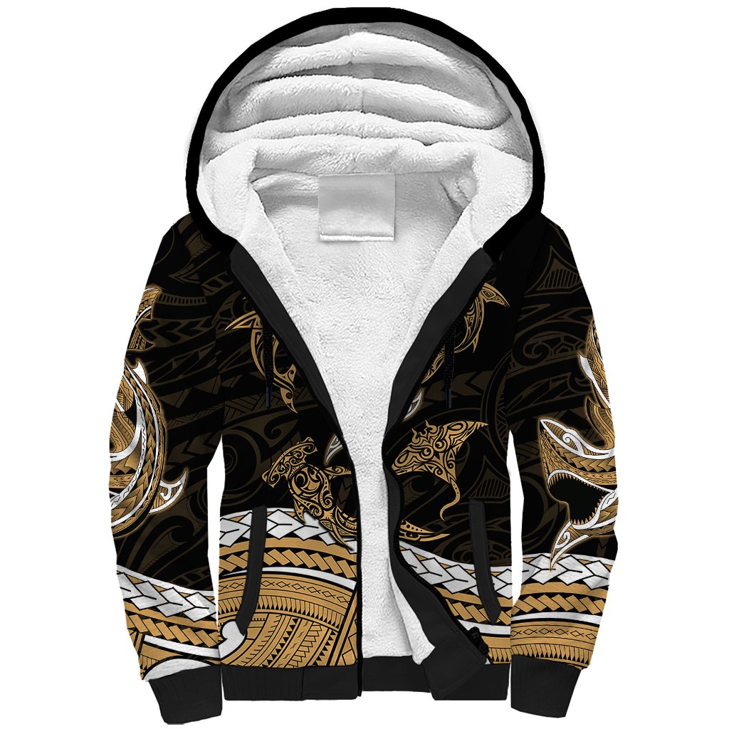Polynesian Tribal Sherpa Hoodie with Sharks Tattoo Gold