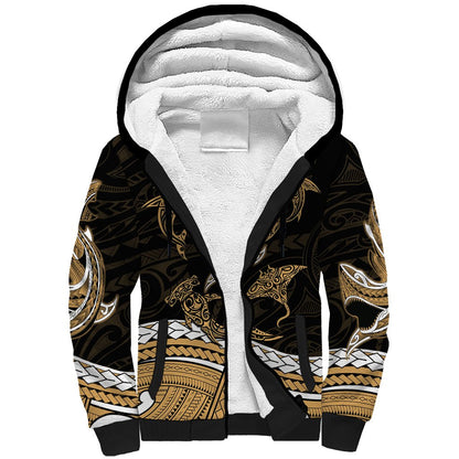 Polynesian Tribal Sherpa Hoodie with Sharks Tattoo Gold