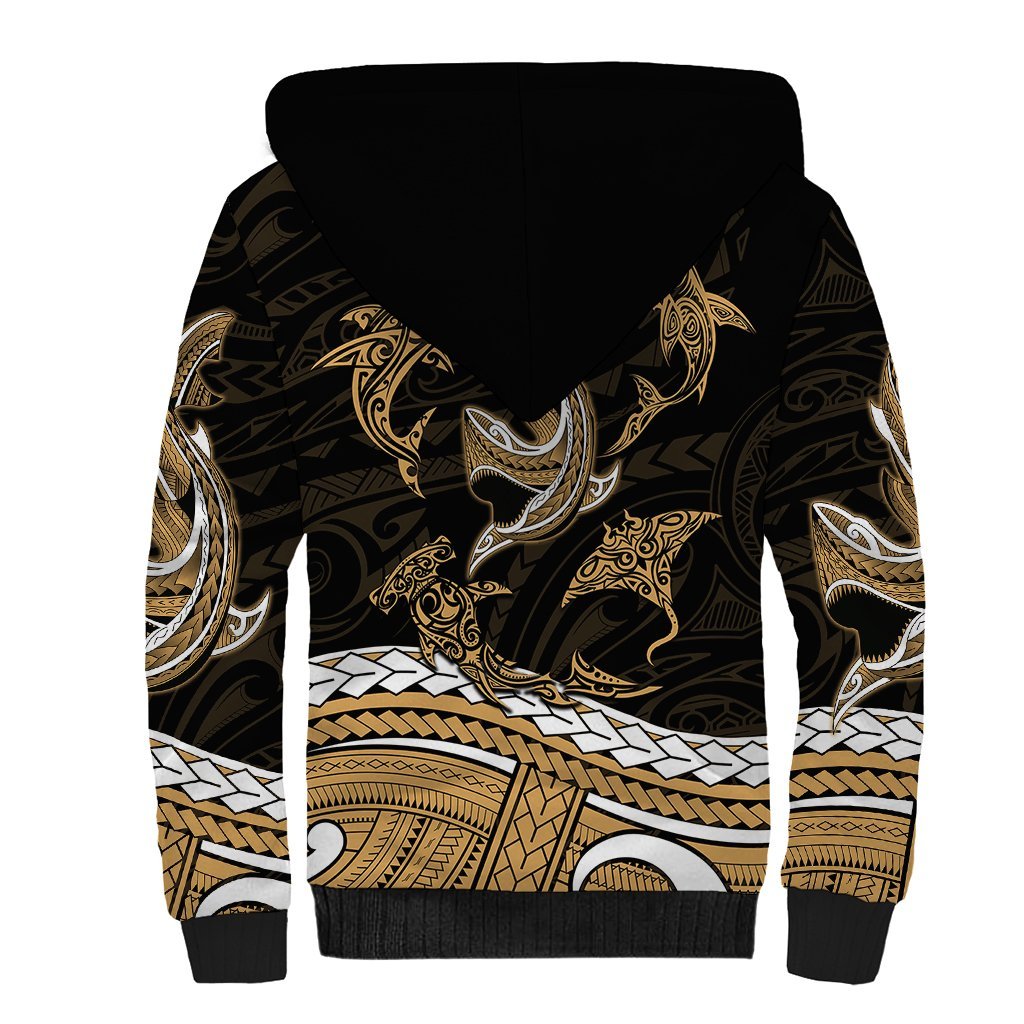 Polynesian Tribal Sherpa Hoodie with Sharks Tattoo Gold
