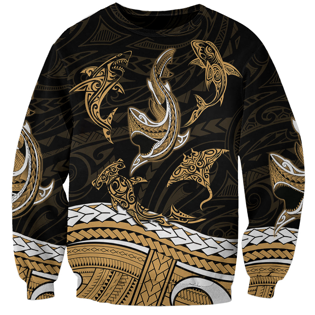 Polynesian Tribal Sweatshirt with Sharks Tattoo Gold