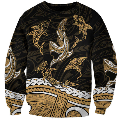 Polynesian Tribal Sweatshirt with Sharks Tattoo Gold