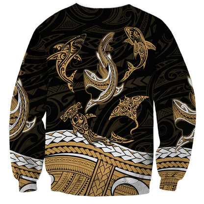 Polynesian Tribal Sweatshirt with Sharks Tattoo Gold