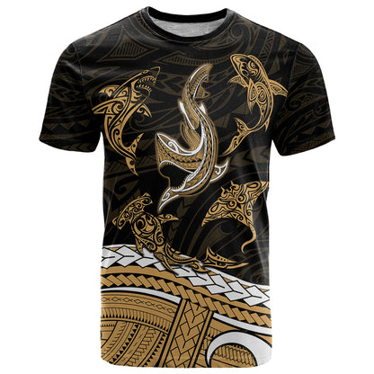 Polynesian Tribal T Shirt with Sharks Tattoo Gold