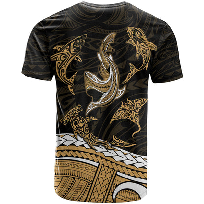 Polynesian Tribal T Shirt with Sharks Tattoo Gold