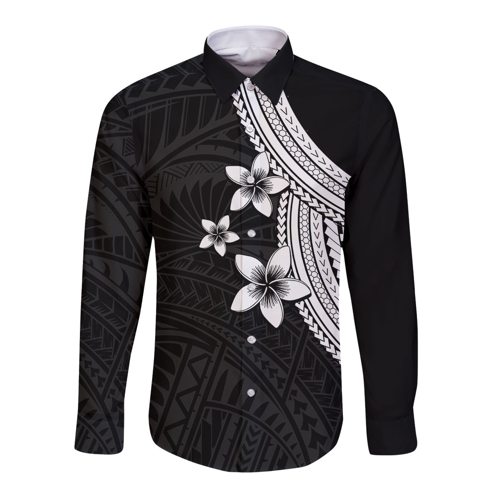 Polynesian Long Sleeve Button Shirt With Plumeria Flower White
