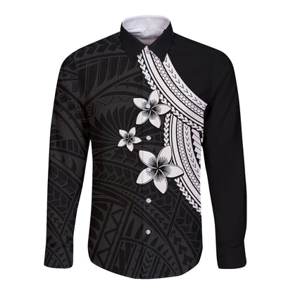 Polynesian Long Sleeve Button Shirt With Plumeria Flower White