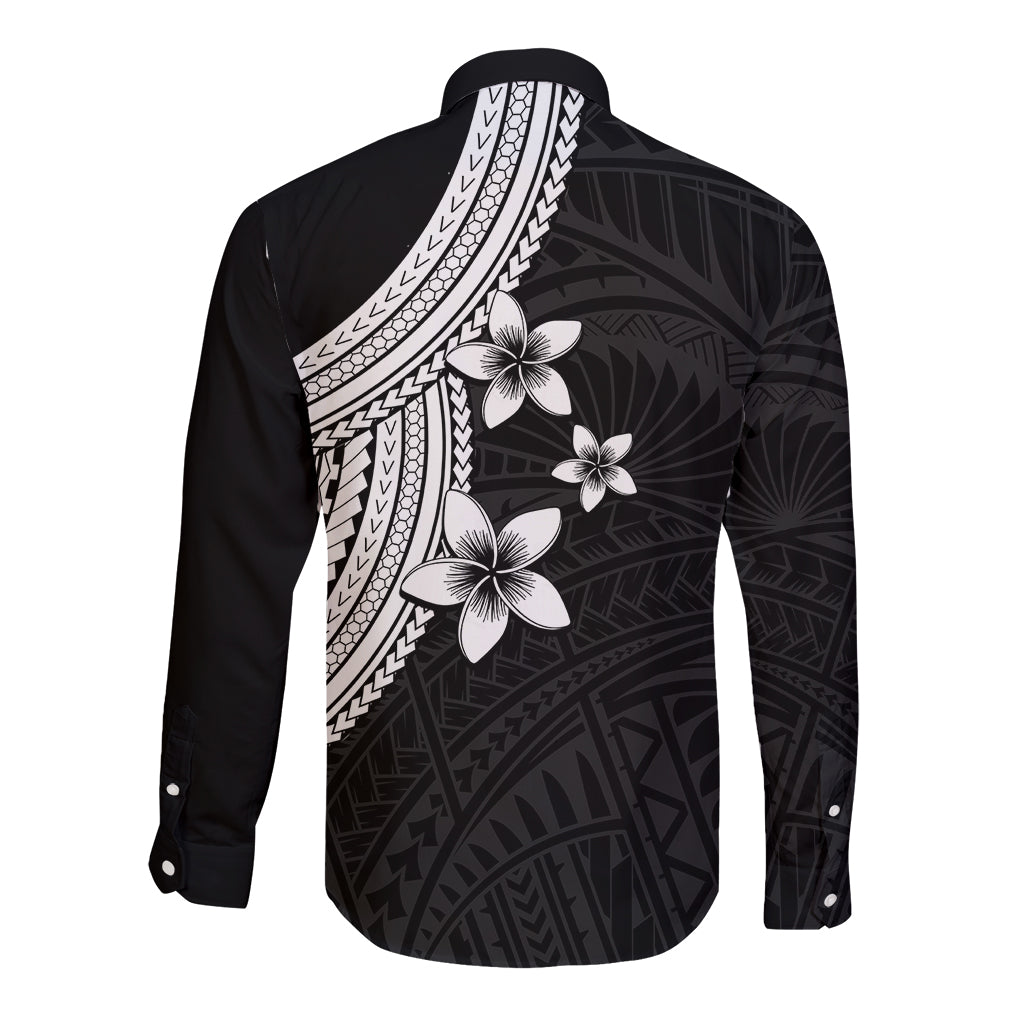 Polynesian Long Sleeve Button Shirt With Plumeria Flower White