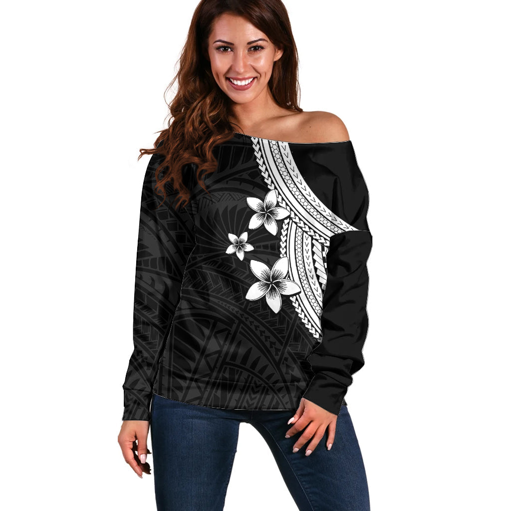 Polynesian Off Shoulder Sweater With Plumeria Flower White