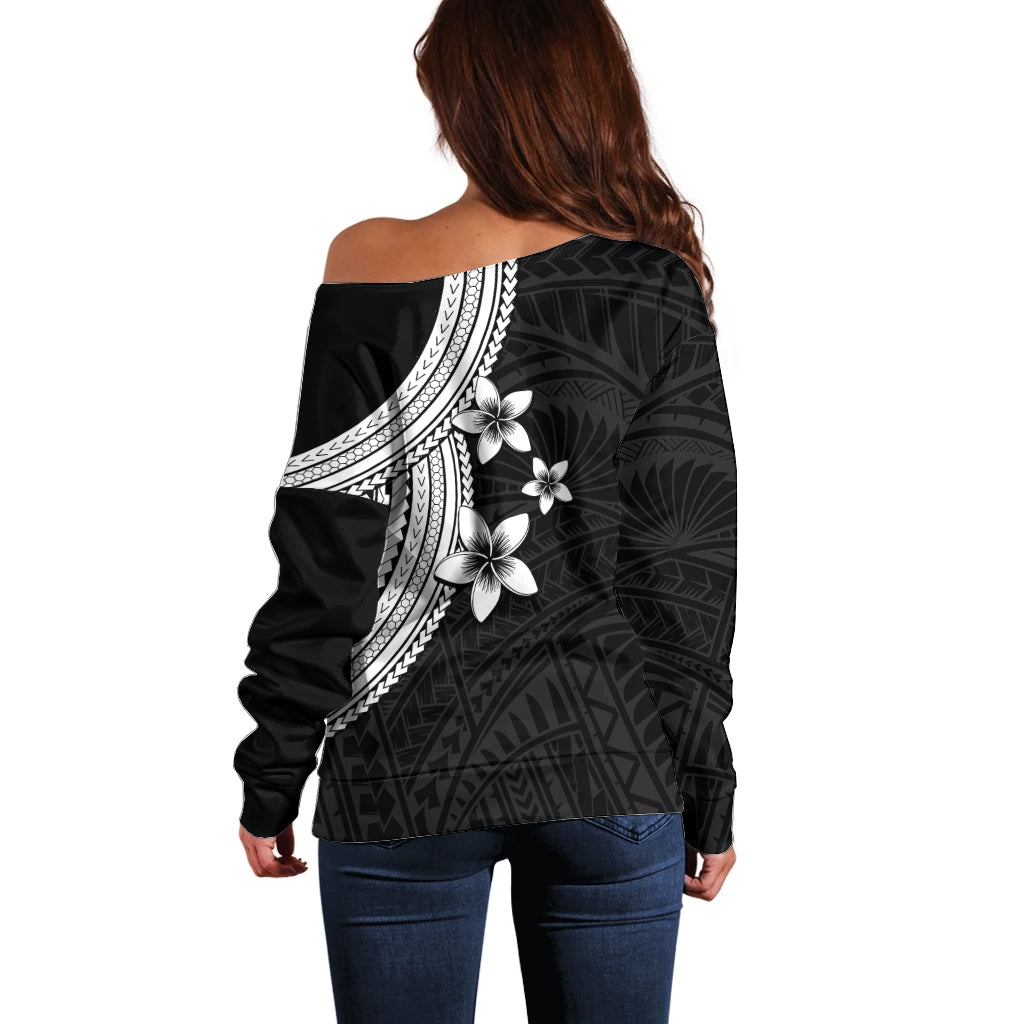 Polynesian Off Shoulder Sweater With Plumeria Flower White