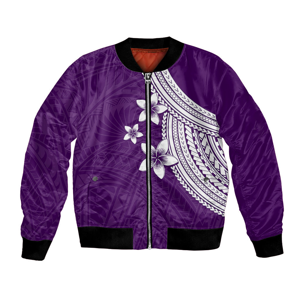 Polynesian Bomber Jacket With Plumeria Flower Purple