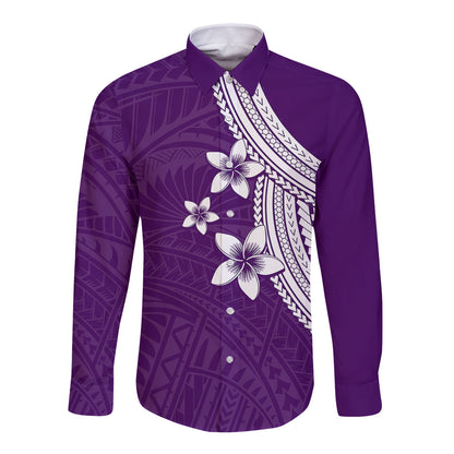 Polynesian Long Sleeve Button Shirt With Plumeria Flower Purple