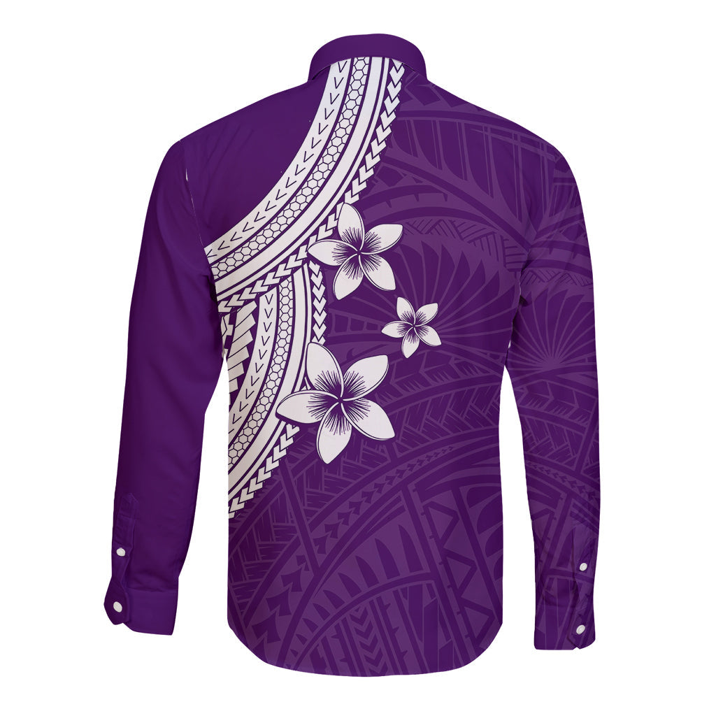 Polynesian Long Sleeve Button Shirt With Plumeria Flower Purple