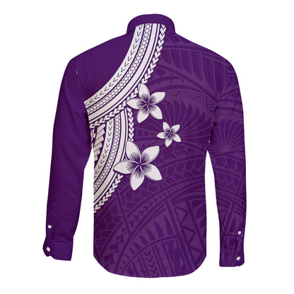 Polynesian Long Sleeve Button Shirt With Plumeria Flower Purple
