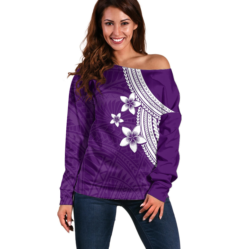 Polynesian Off Shoulder Sweater With Plumeria Flower Purple