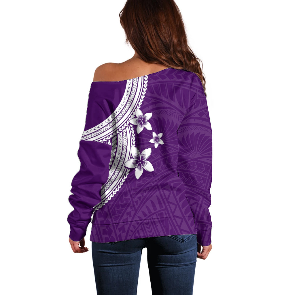 Polynesian Off Shoulder Sweater With Plumeria Flower Purple