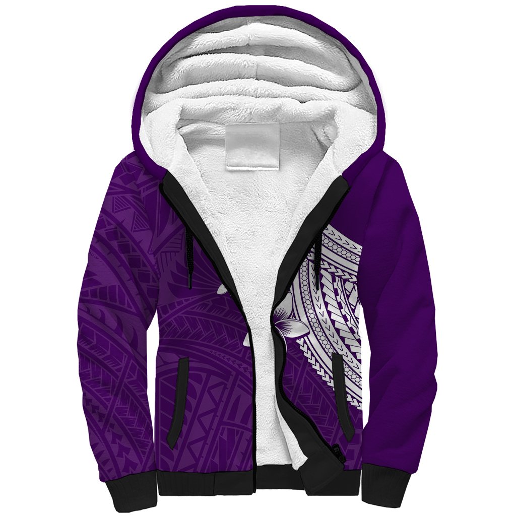 Polynesian Sherpa Hoodie With Plumeria Flower Purple